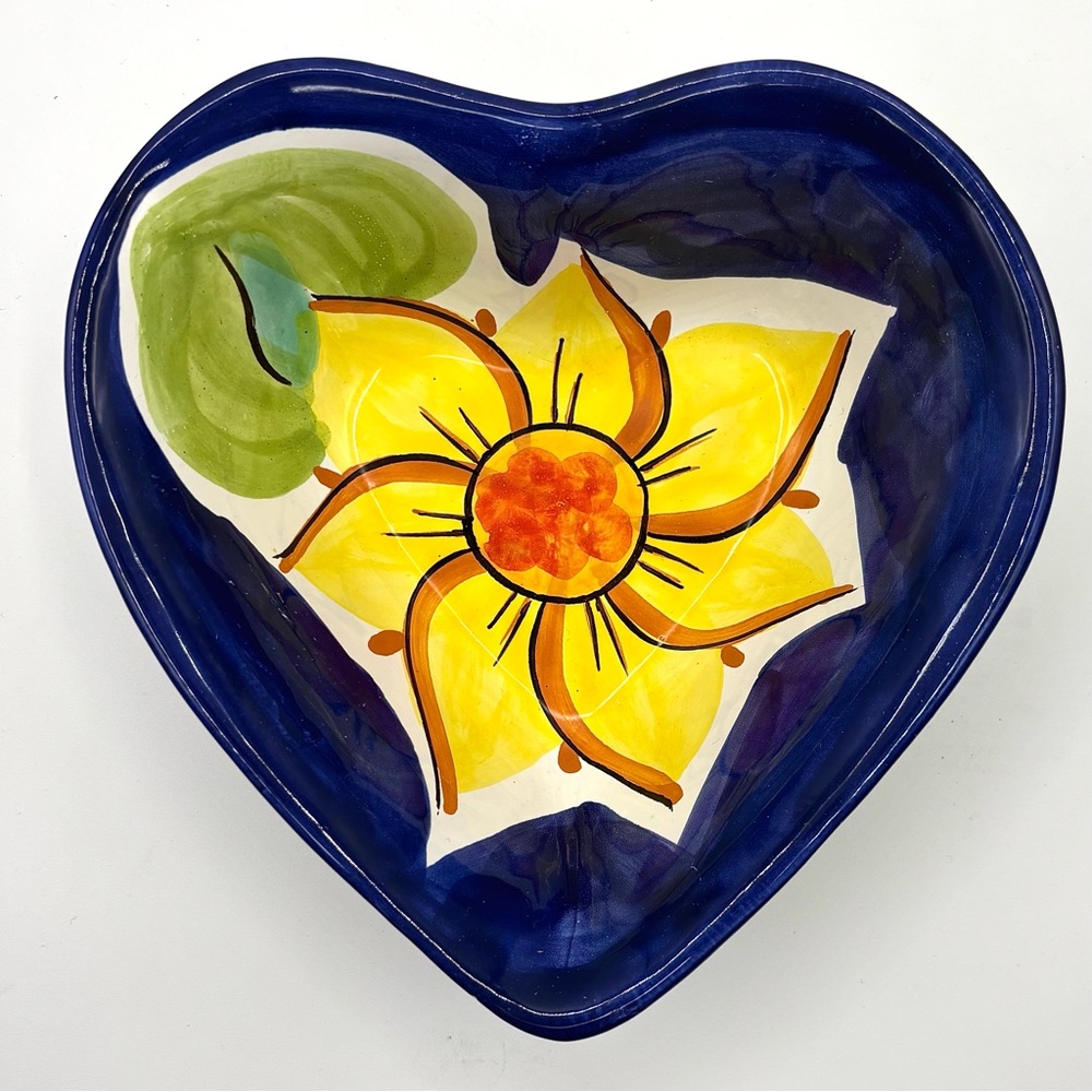 Heart-Shaped Ceramic Blue and Yellow Sunflower Trinket Dish / Candy Bowl